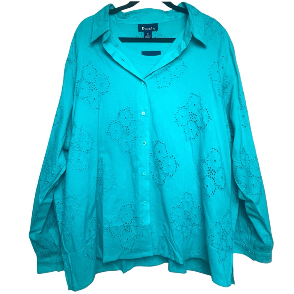 Denim & Co. NWT Green 2-Pc Eyelet LS Button Up Shirt & Tank QVC#A53548 Sz 3X